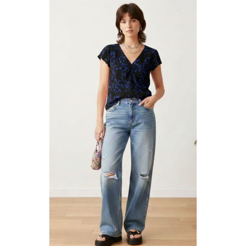Alfani Black Blue‎ Flutter Sleeve Silk Babydoll Y2K Top Size 10